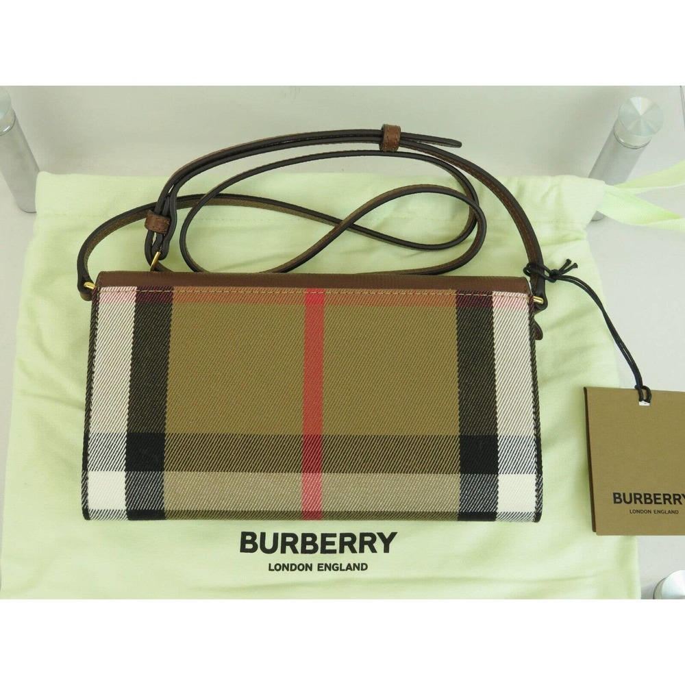 $910 NWT BURBERRY HANNAH TAN LEATHER CANVAS CHECK SHOULDER STRAP CLUTCH BAG - Picture 5 of 16